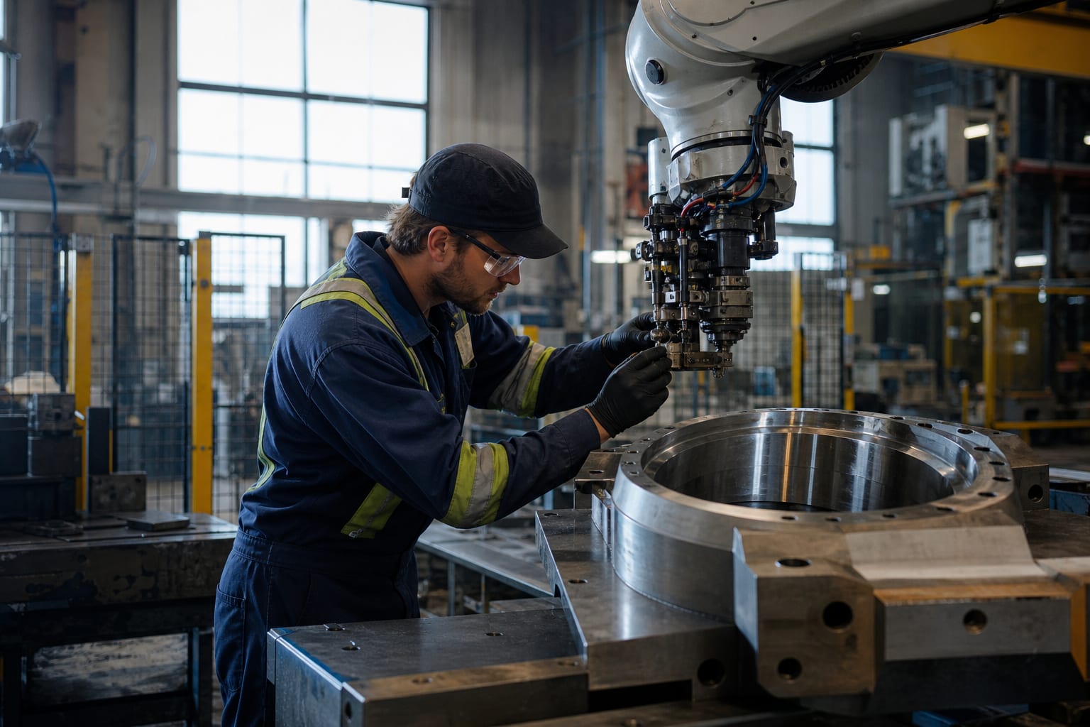 Fictional demonstration image of a manufacturing team reviewing a machined component